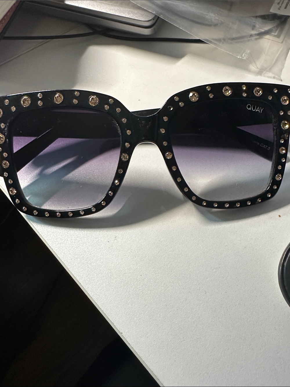 Quay Australia Black Crystal-Trim Oversized Square Sunglasses